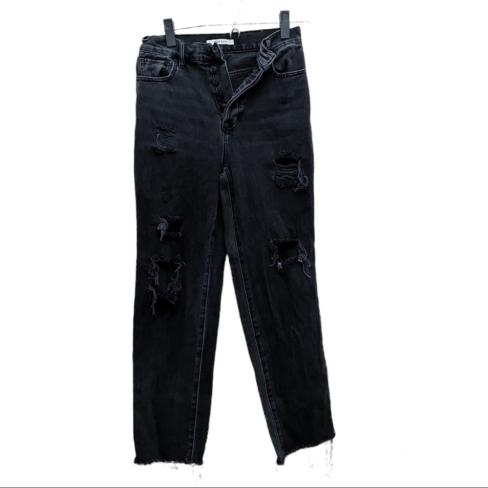 Pacsun High Rise Straight Leg Button Fly Distressed Black Raw Hem Jeans Size 25 - Picture 3 of 11